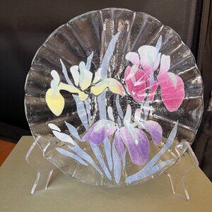 Vtg Sydenstricker Fused Art Glass Iris Floral Ruffled Edge 8" Trinket Bowl Plate